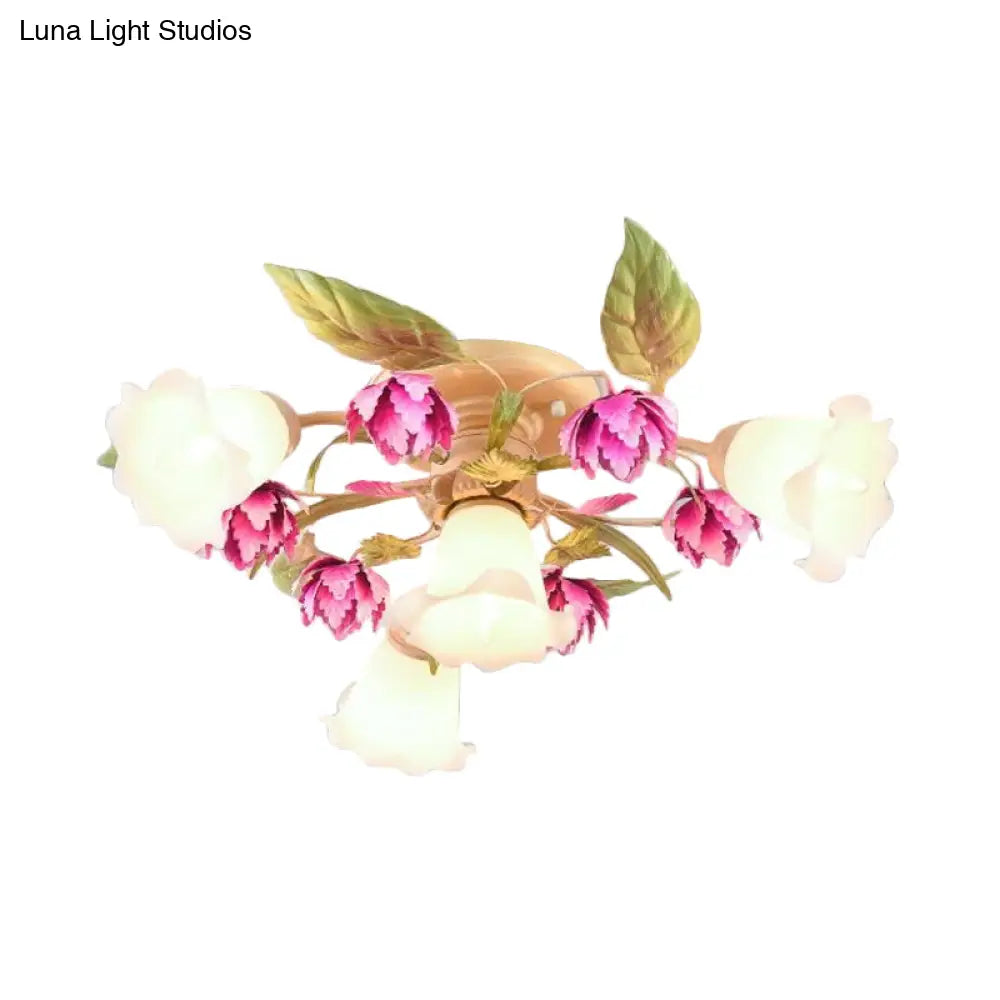 Korean Garden Semi Flush Ceiling Light With Frosted Glass Flowering Design In Rose Red For Corridor