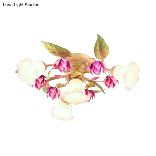 Korean Garden Semi Flush Ceiling Light With Frosted Glass Flowering Design In Rose Red For Corridor