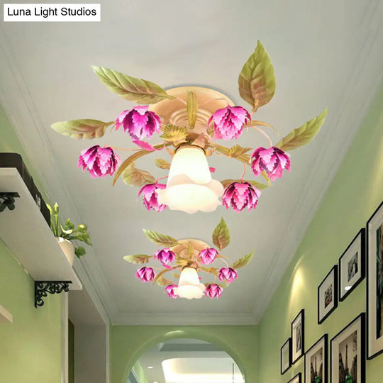 Korean Garden Semi Flush Ceiling Light With Frosted Glass Flowering Design In Rose Red For Corridor