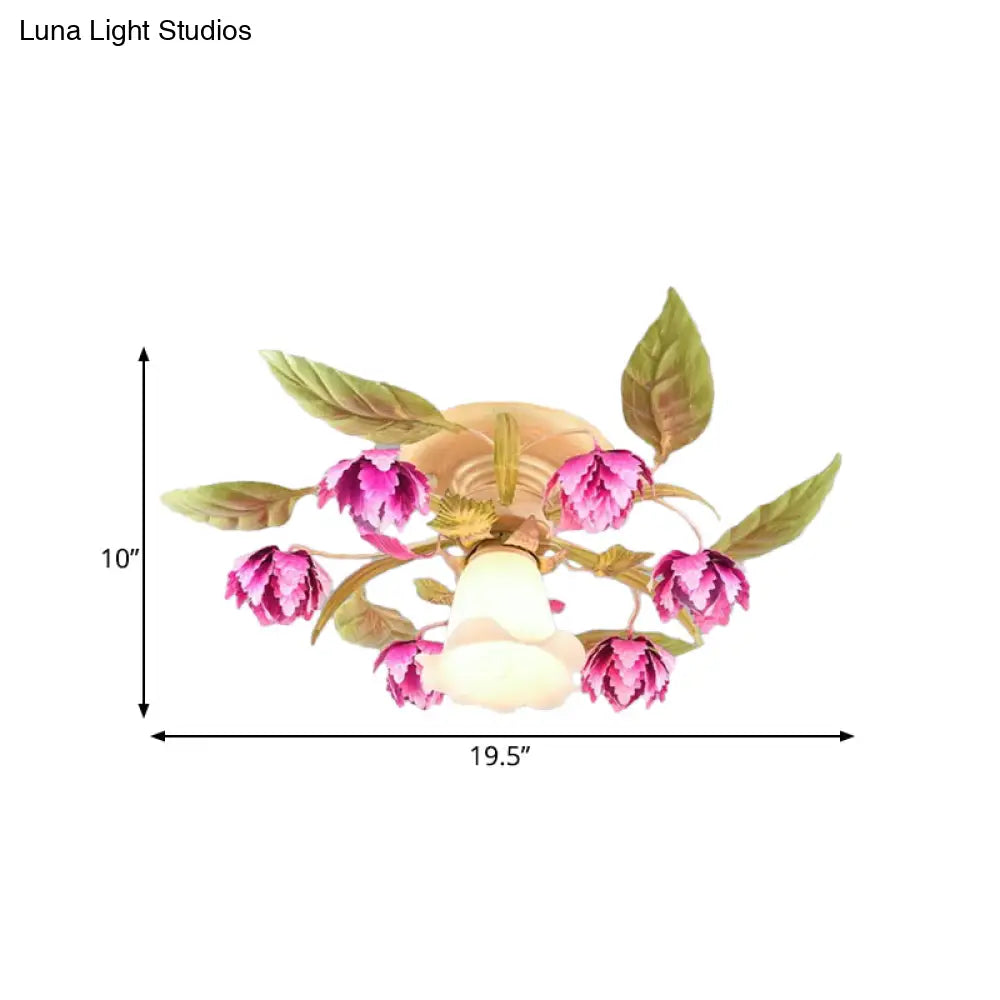 Korean Garden Semi Flush Ceiling Light With Frosted Glass Flowering Design In Rose Red For Corridor