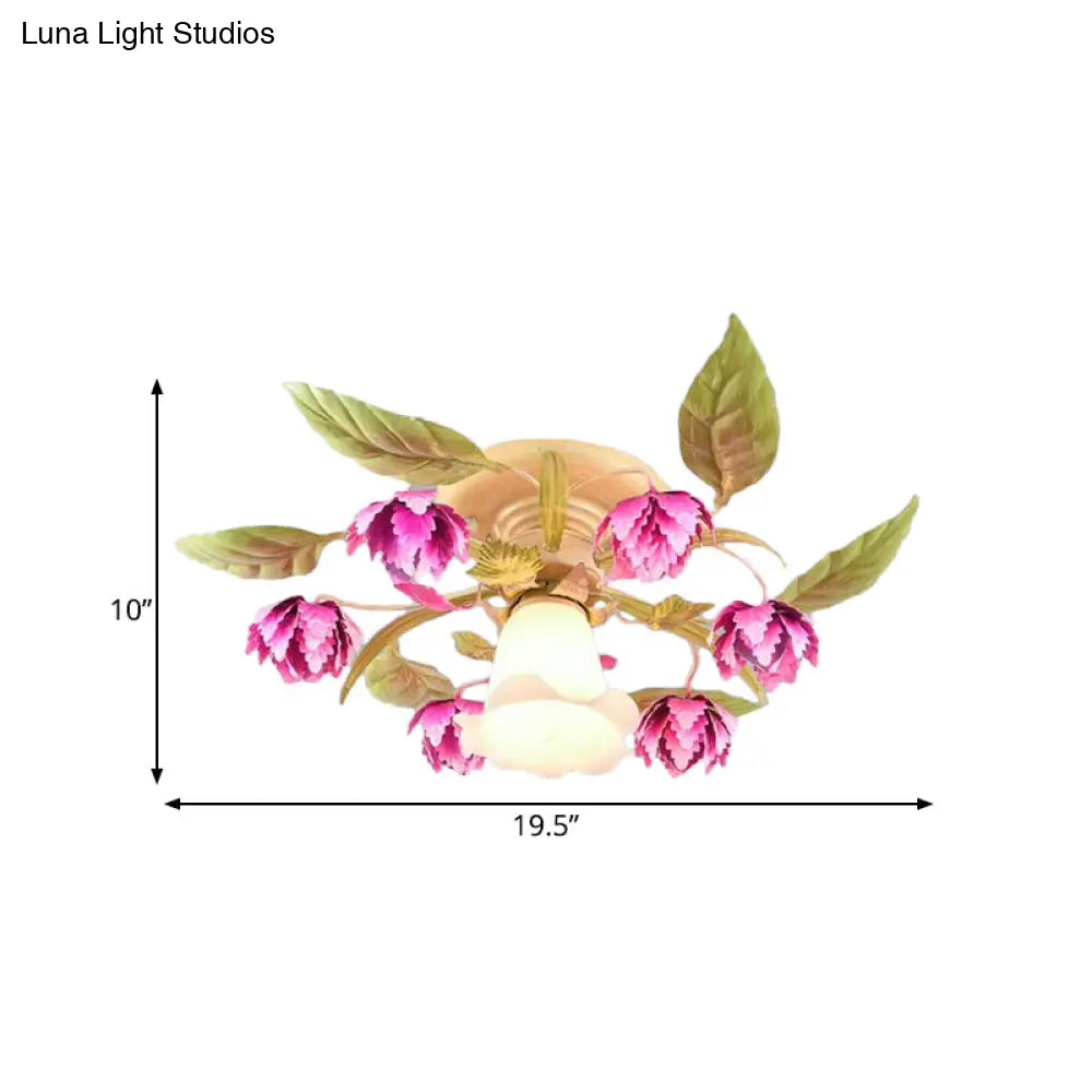 Korean Garden Semi Flush Ceiling Light With Frosted Glass Flowering Design In Rose Red For Corridor