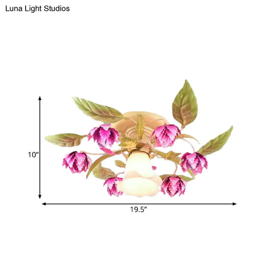 Korean Garden Semi Flush Ceiling Light With Frosted Glass Flowering Design In Rose Red For Corridor