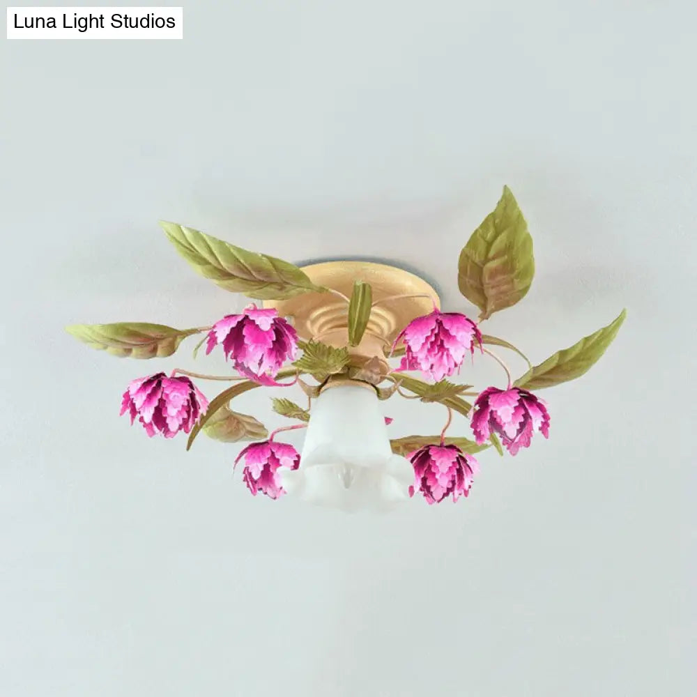 Korean Garden Semi Flush Ceiling Light With Frosted Glass Flowering Design In Rose Red For Corridor