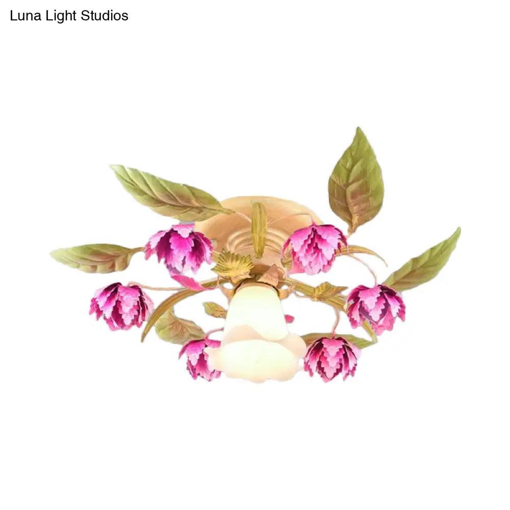 Korean Garden Semi Flush Ceiling Light With Frosted Glass Flowering Design In Rose Red For Corridor