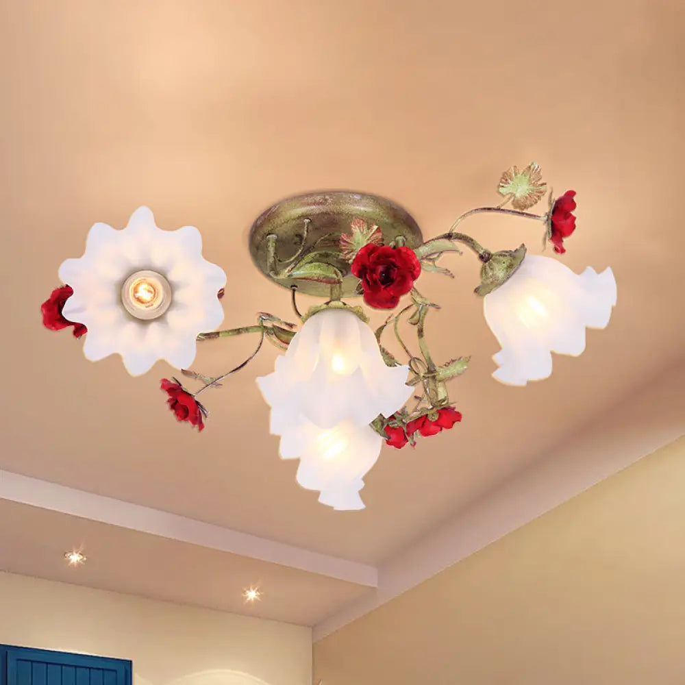 Korean Garden Semi Flush Mount Ceiling Light In Green With Red Rose Accents - Opal Glass 4/6 Heads