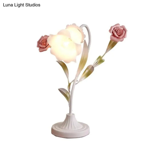 Korean Garden Table Light: Floral Opal Frosted Glass Shade Red/Pink