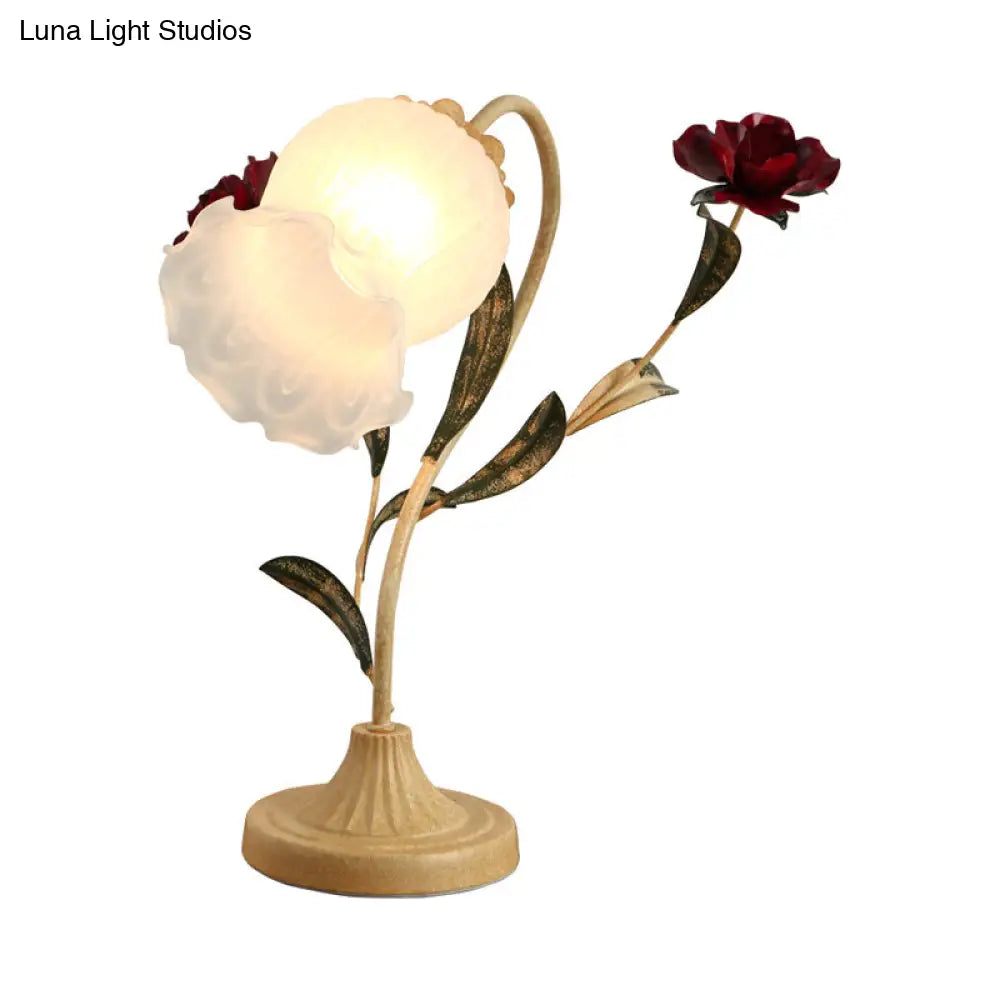 Korean Garden Table Light: Floral Opal Frosted Glass Shade Red/Pink