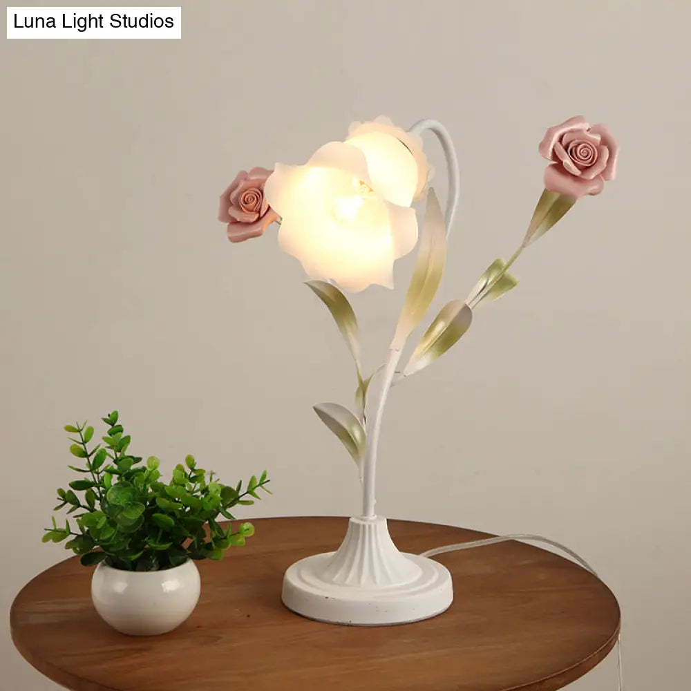 Korean Garden Table Light: Floral Opal Frosted Glass Shade Red/Pink