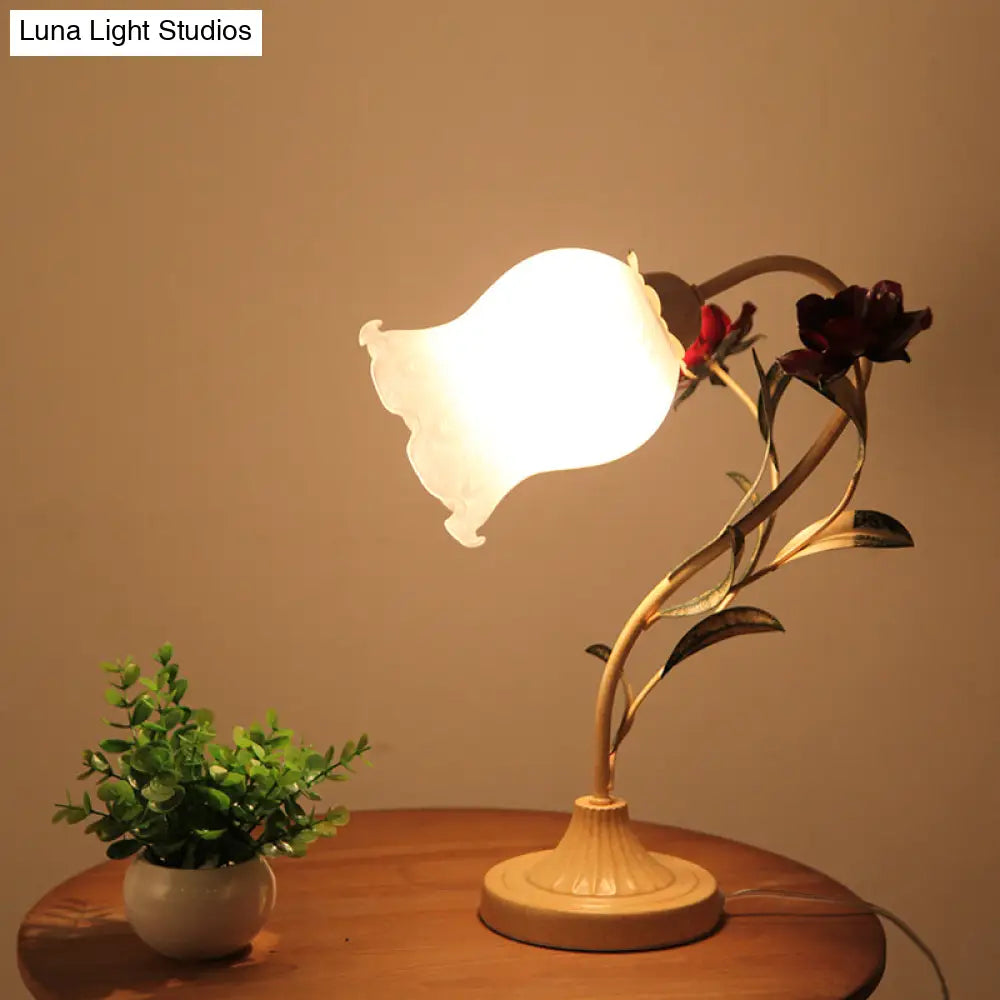 Korean Garden Table Light: Floral Opal Frosted Glass Shade Red/Pink