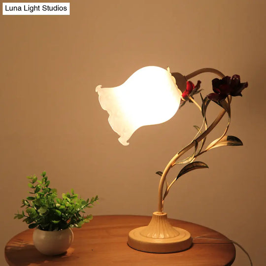 Korean Garden Table Light: Floral Opal Frosted Glass Shade Red/Pink