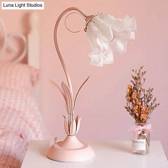 Korean Opal Glass Pink Lily Table Lamp - Elegant Nightstand Light For Single Bedrooms