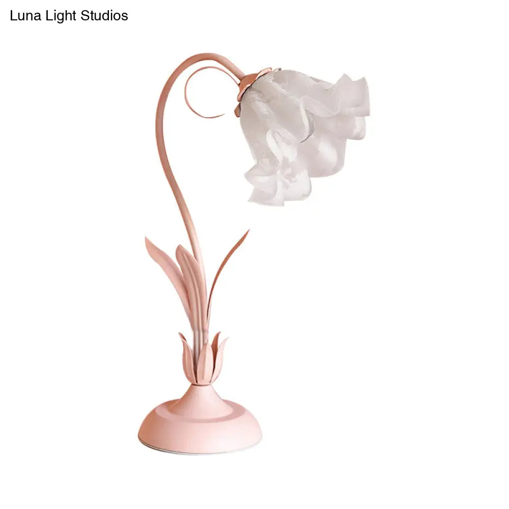 Korean Opal Glass Pink Lily Table Lamp - Elegant Nightstand Light For Single Bedrooms