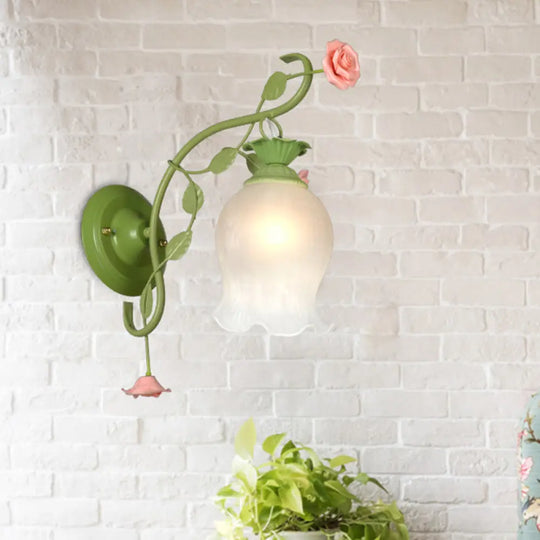 Korean Scalloped Bedroom Sconce Light Fixture - Green Floral Metal Wall Mount Lighting