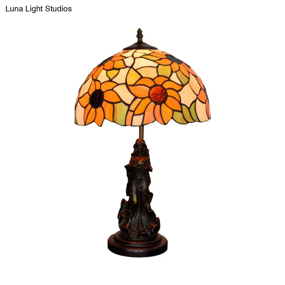 Victorian Style Sunflower Orange Glass Table Lamp - Bronze Nightstand Light With Resin Maid Base