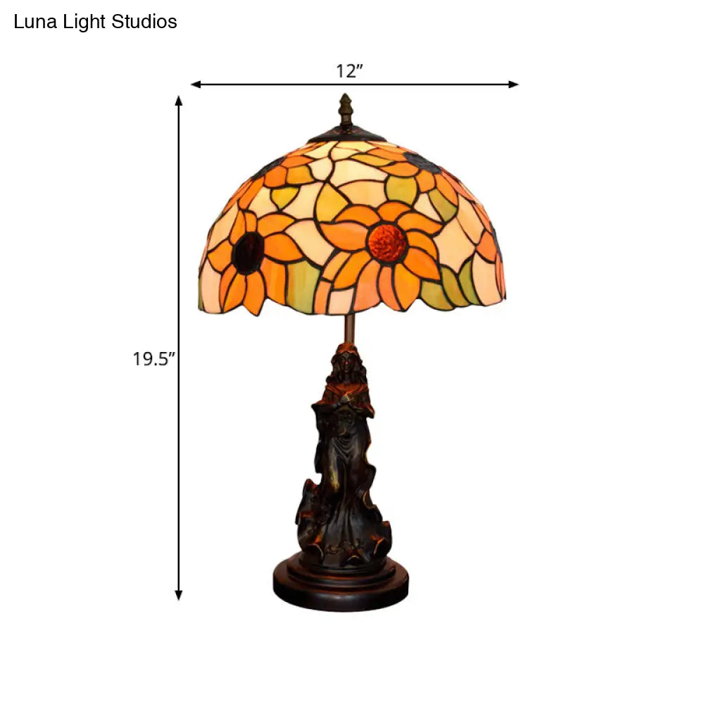 Victorian Style Sunflower Orange Glass Table Lamp - Bronze Nightstand Light With Resin Maid Base