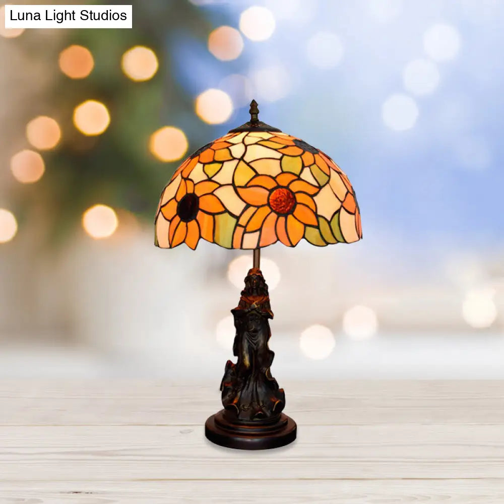 Victorian Style Sunflower Orange Glass Table Lamp - Bronze Nightstand Light With Resin Maid Base