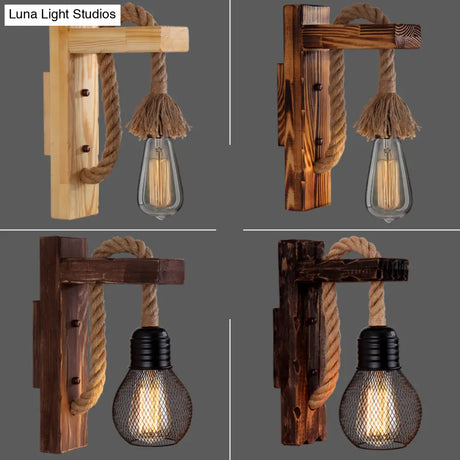 L-Shaped Wooden Lantern Wall Light With Rope Arm - Perfect Farmhouse Bedroom Lighting