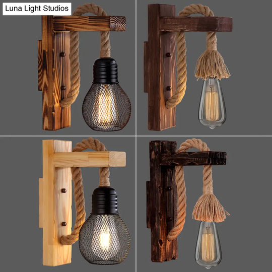 L-Shaped Wooden Lantern Wall Light With Rope Arm - Perfect Farmhouse Bedroom Lighting