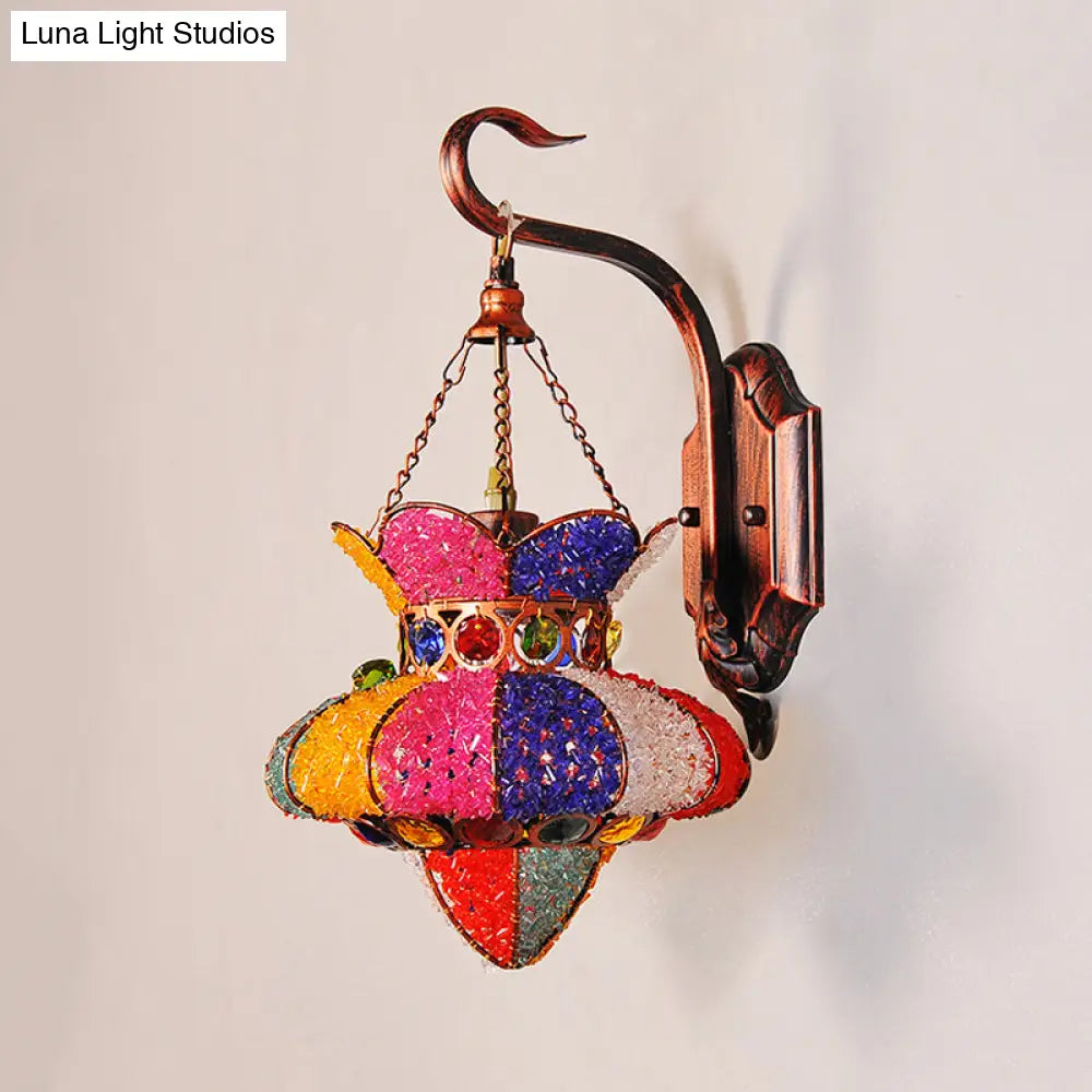 Lantern Restaurant Sconce: Traditional Stained Glass Wall Lamp With Copper Finish