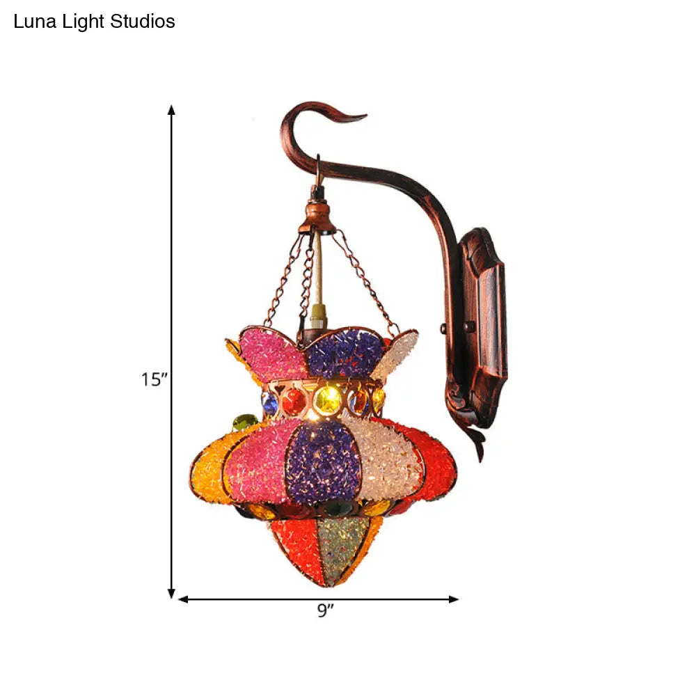 Lantern Restaurant Sconce: Traditional Stained Glass Wall Lamp With Copper Finish