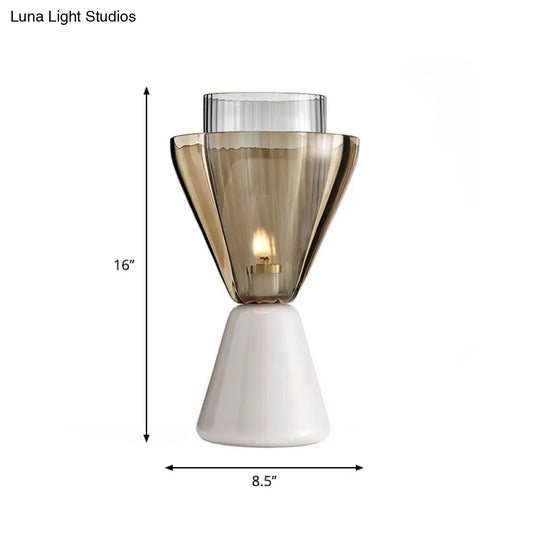 Modern Amber And Smoke Glass Hourglass Night Lamp With Marble Base - White Table Light (1 Bulb)