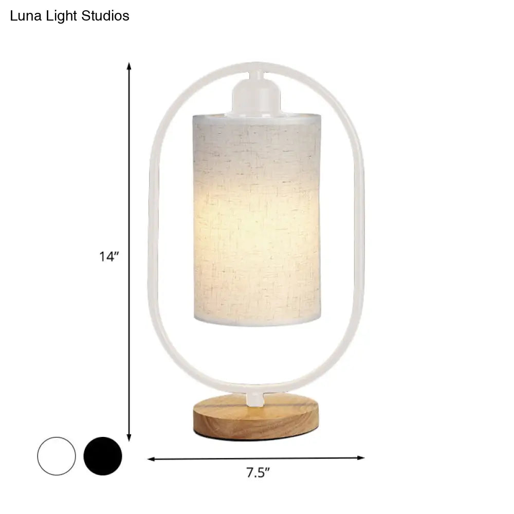 Modern Fabric 1-Light Column Nightstand Lamp With Ellipse Frame And Wood Base In Black/White -