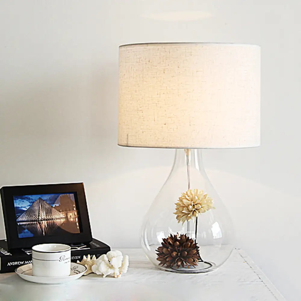 Lara - Pastoral White Drum Night Light Fabric 1-Light Cafe Table Lamp With Vase Clear Glass Base