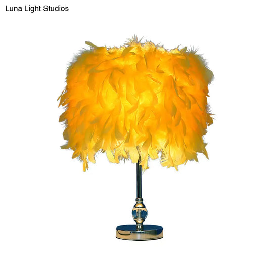 Lara - Simplicity Drum Night Lamp Feather 1-Light Bedroom Table Lighting In Pink/Red/Yellow With