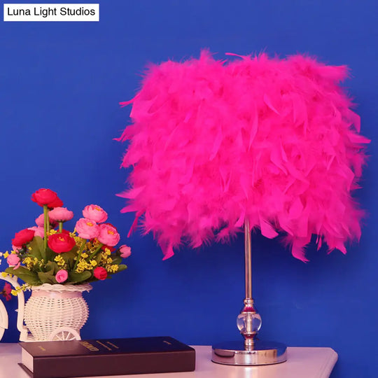 Feather Drum Night Lamp: Simple & Elegant 1-Light Bedroom Table Lighting In Pink/Red/Yellow With