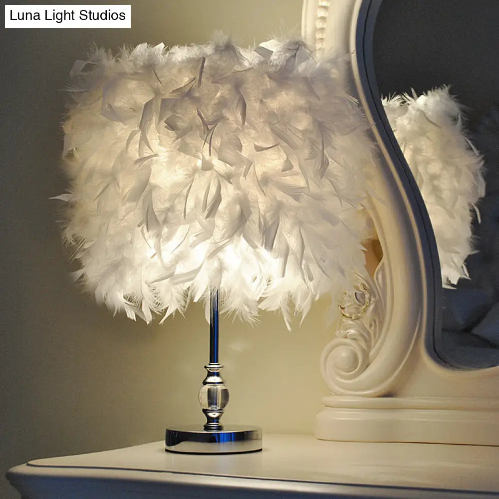 Feather Drum Night Lamp: Simple & Elegant 1-Light Bedroom Table Lighting In Pink/Red/Yellow With