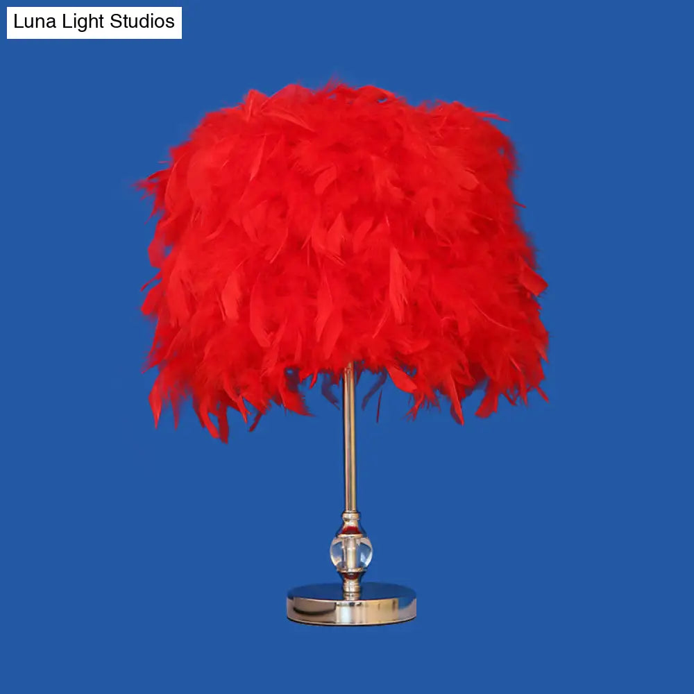 Lara - Simplicity Drum Night Lamp Feather 1-Light Bedroom Table Lighting In Pink/Red/Yellow With