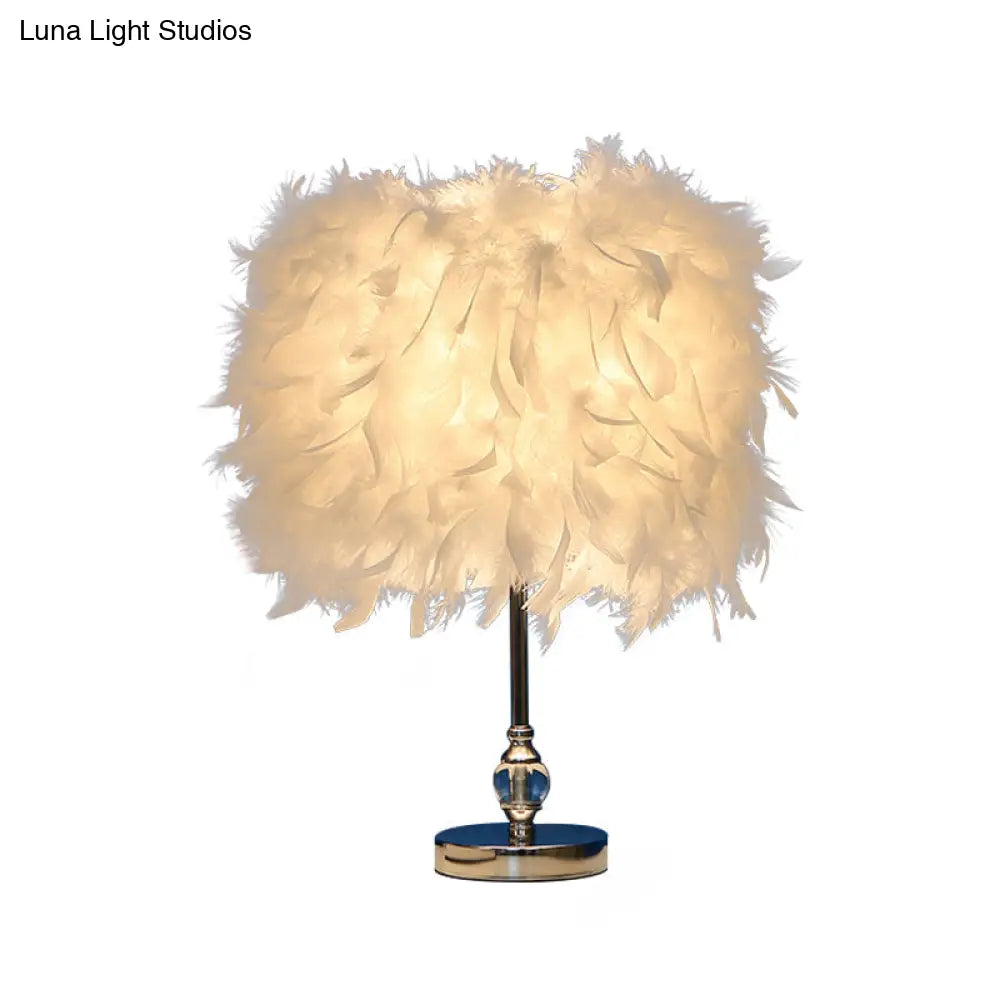 Lara - Simplicity Drum Night Lamp Feather 1-Light Bedroom Table Lighting In Pink/Red/Yellow With