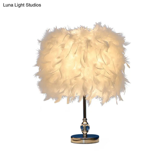 Lara - Simplicity Drum Night Lamp Feather 1-Light Bedroom Table Lighting In Pink/Red/Yellow With