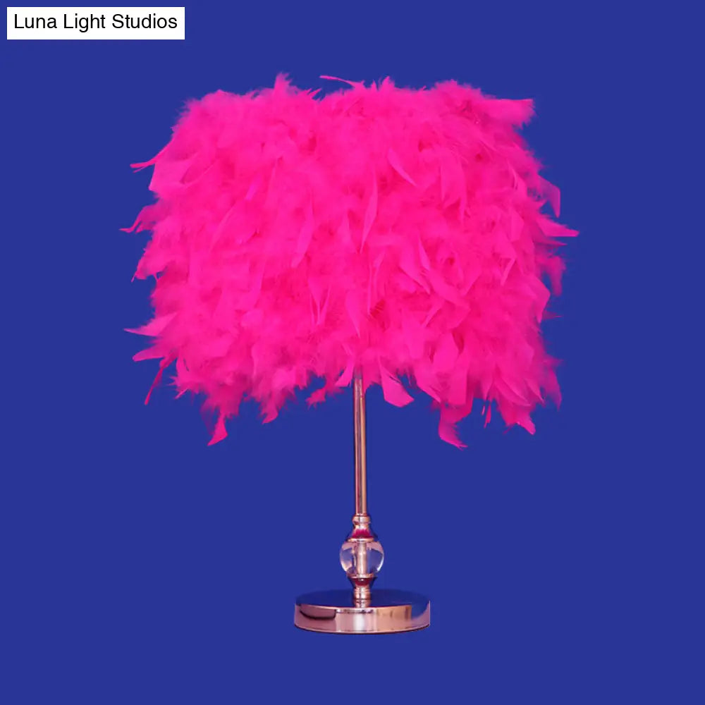 Feather Drum Night Lamp: Simple & Elegant 1-Light Bedroom Table Lighting In Pink/Red/Yellow With