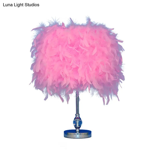 Lara - Simplicity Drum Night Lamp Feather 1-Light Bedroom Table Lighting In Pink/Red/Yellow With