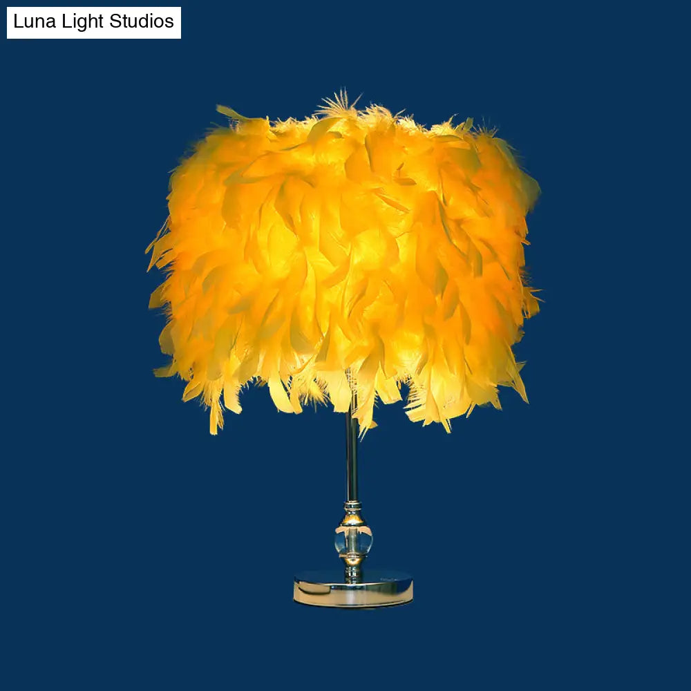 Lara - Simplicity Drum Night Lamp Feather 1-Light Bedroom Table Lighting In Pink/Red/Yellow With