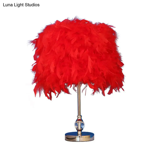 Lara - Simplicity Drum Night Lamp Feather 1-Light Bedroom Table Lighting In Pink/Red/Yellow With