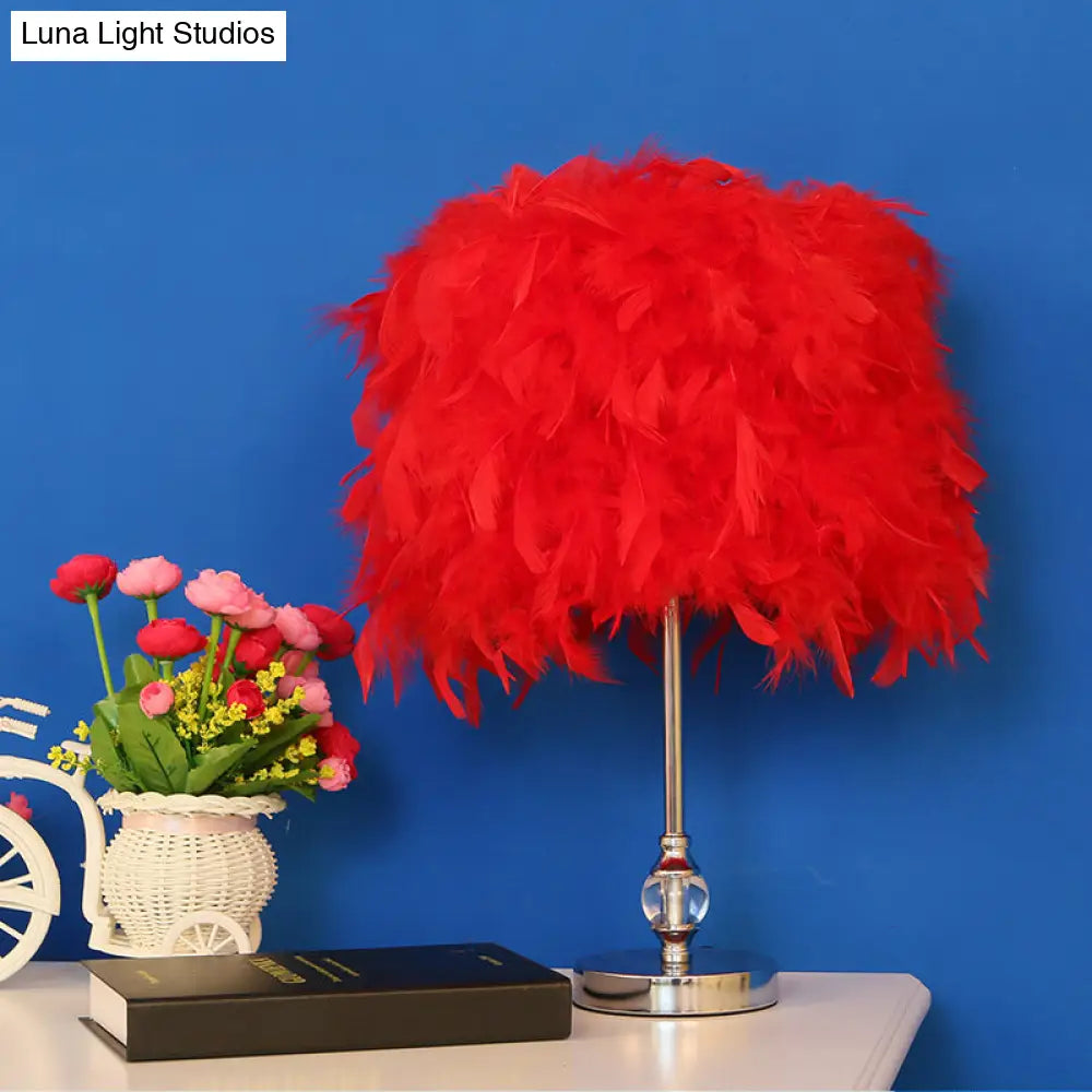 Feather Drum Night Lamp: Simple & Elegant 1-Light Bedroom Table Lighting In Pink/Red/Yellow With