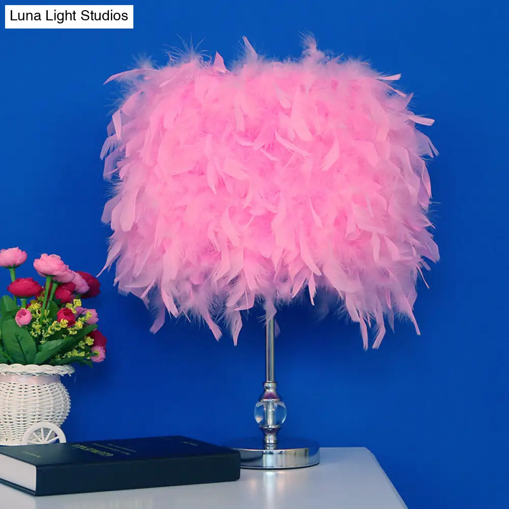 Feather Drum Night Lamp: Simple & Elegant 1-Light Bedroom Table Lighting In Pink/Red/Yellow With