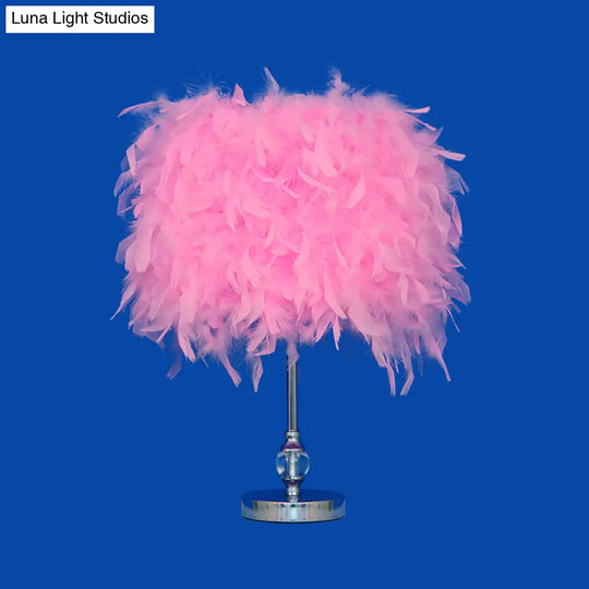 Lara - Simplicity Drum Night Lamp Feather 1-Light Bedroom Table Lighting In Pink/Red/Yellow With