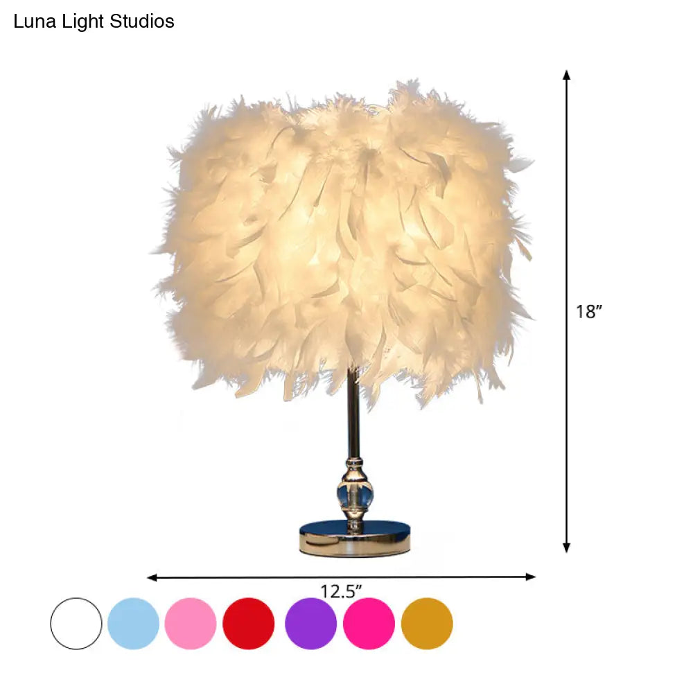 Lara - Simplicity Drum Night Lamp Feather 1-Light Bedroom Table Lighting In Pink/Red/Yellow With