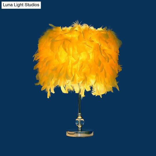 Feather Drum Night Lamp: Simple & Elegant 1-Light Bedroom Table Lighting In Pink/Red/Yellow With