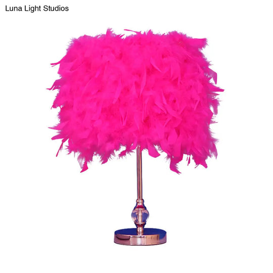 Feather Drum Night Lamp: Simple & Elegant 1-Light Bedroom Table Lighting In Pink/Red/Yellow With