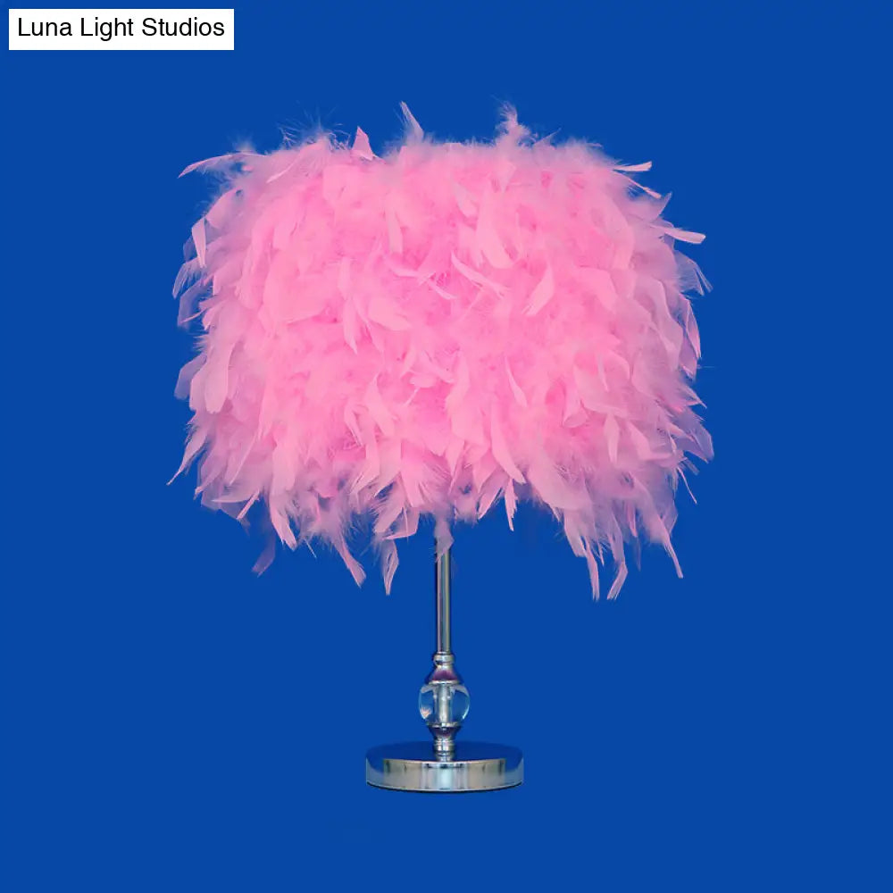 Feather Drum Night Lamp: Simple & Elegant 1-Light Bedroom Table Lighting In Pink/Red/Yellow With