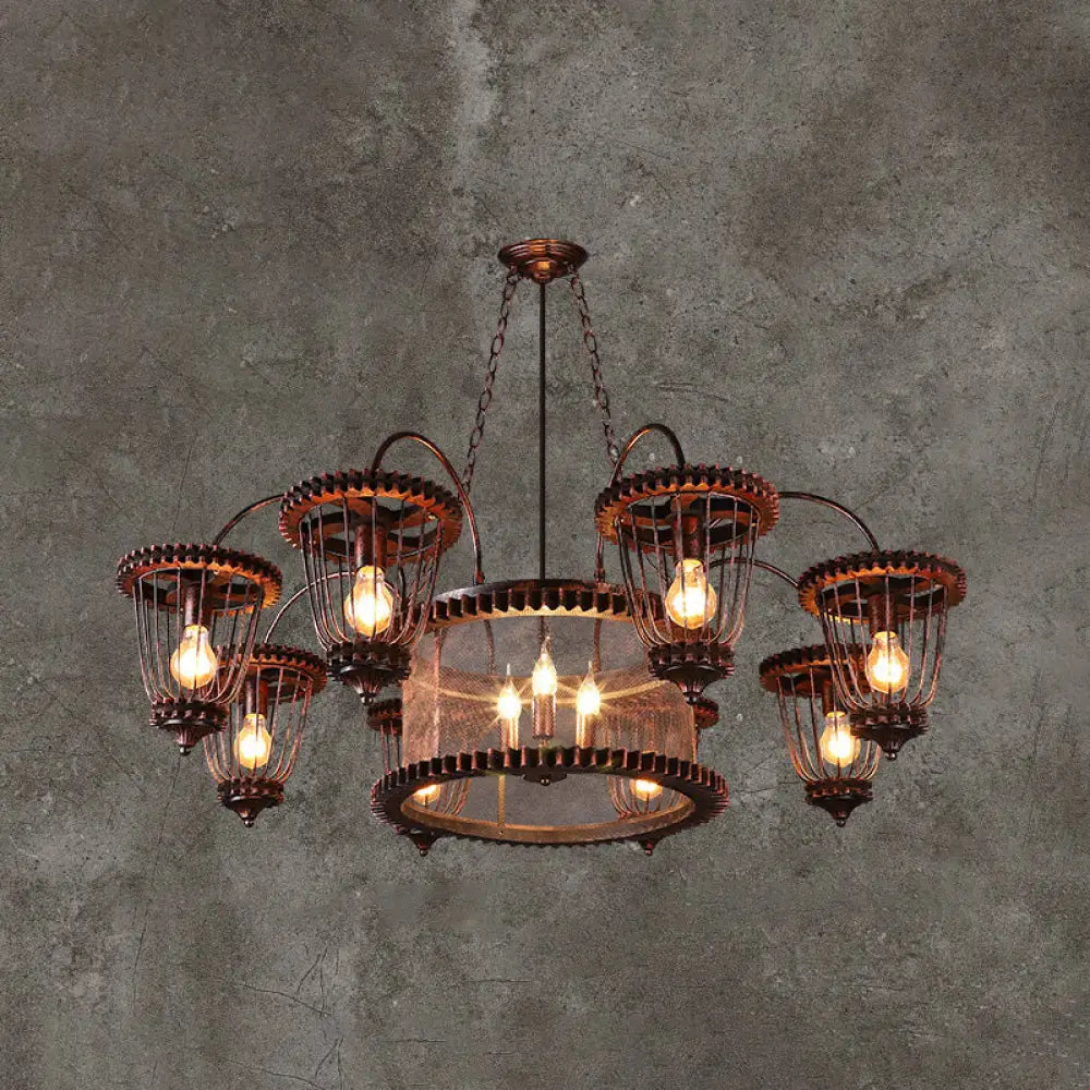 Large Cage Chandelier: Industrial Style Pendant Light Fixture In Wrought Iron With Rust Finish 11 /