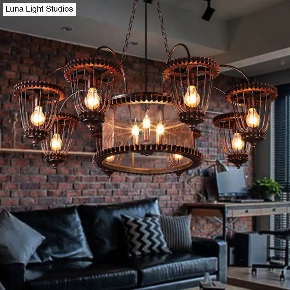 Large Cage Chandelier: Industrial Style Pendant Light Fixture In Wrought Iron With Rust Finish