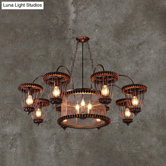 Rust Finish Large Cage Chandelier: Wrought Iron Industrial Pendant Light Fixture 11 /