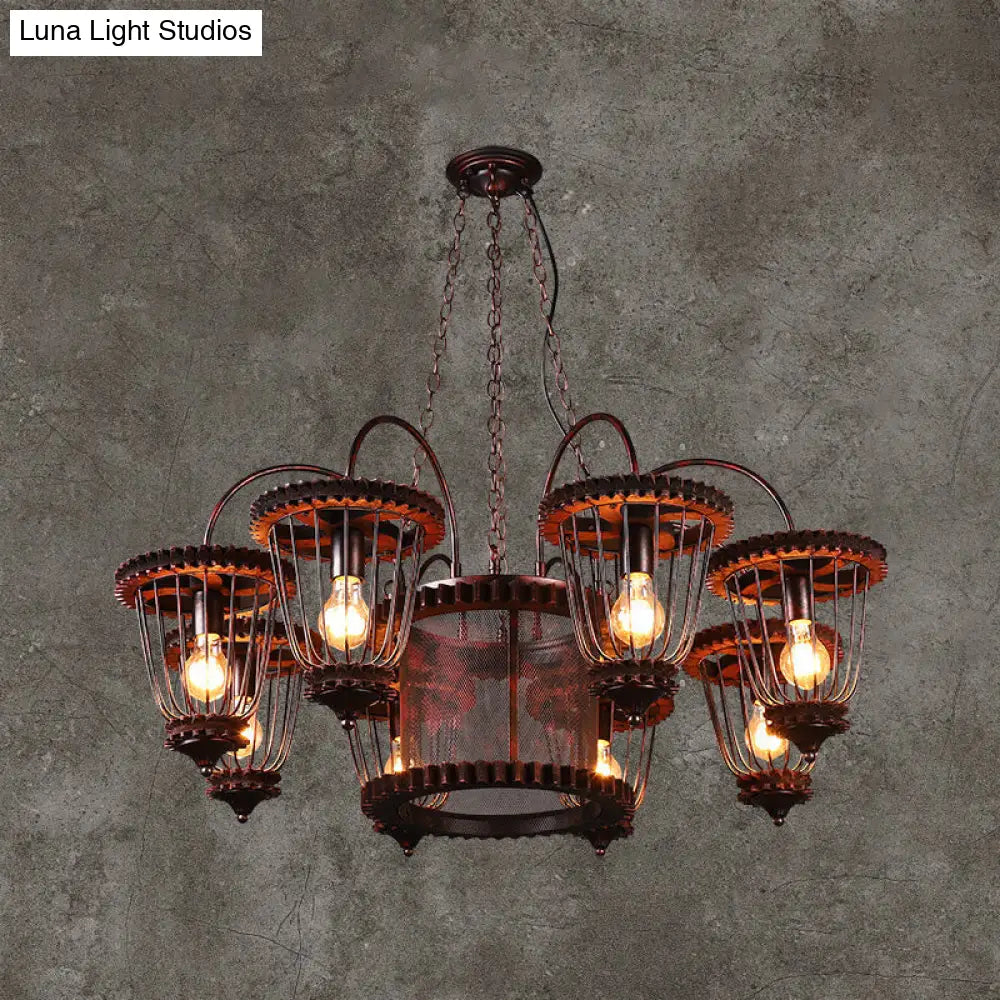 Rust Finish Large Cage Chandelier: Wrought Iron Industrial Pendant Light Fixture 8 /