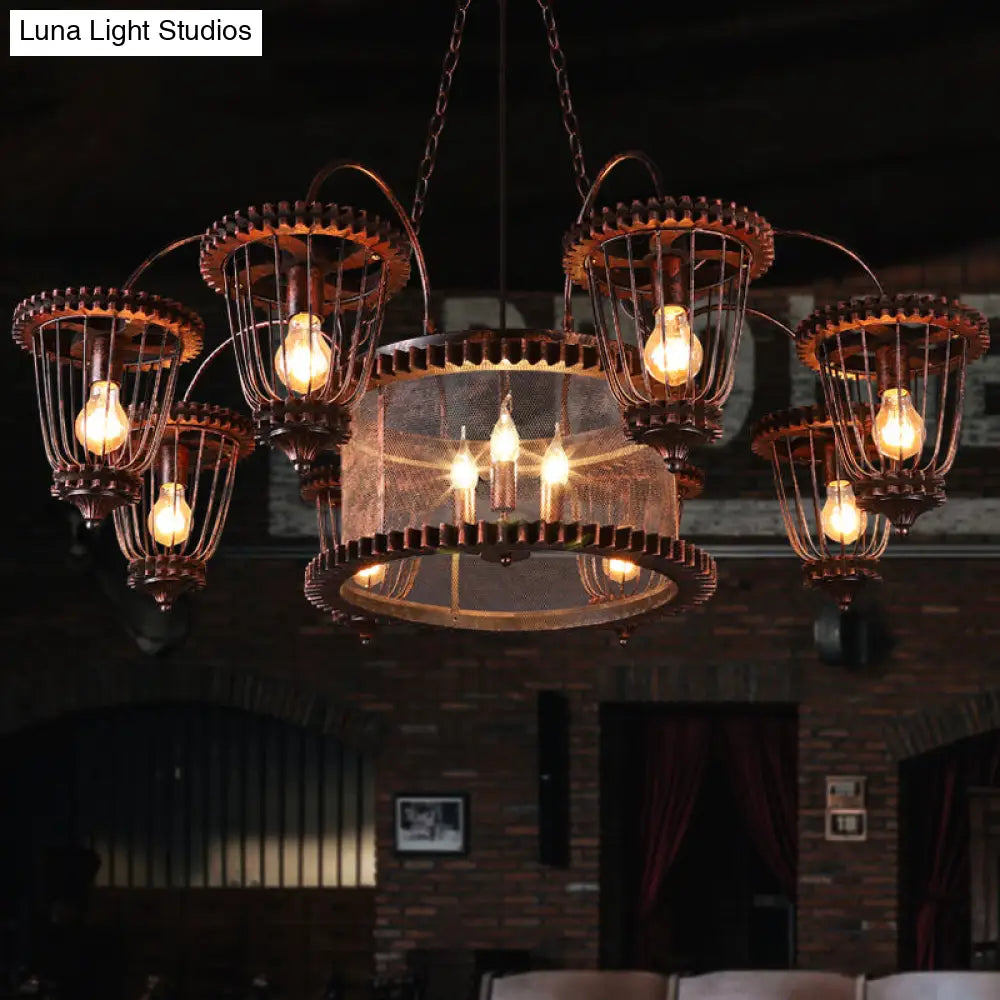 Rust Finish Large Cage Chandelier: Wrought Iron Industrial Pendant Light Fixture
