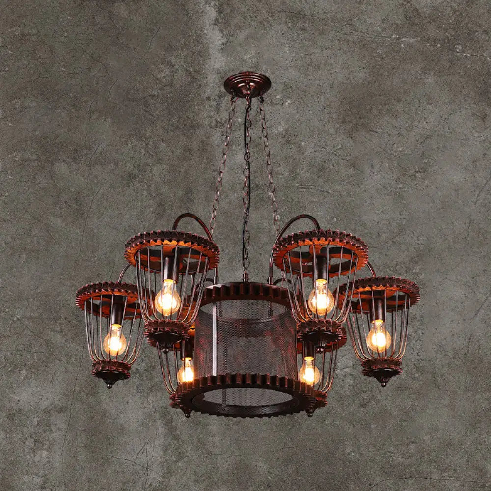 Large Cage Chandelier: Industrial Style Pendant Light Fixture In Wrought Iron With Rust Finish 6 /